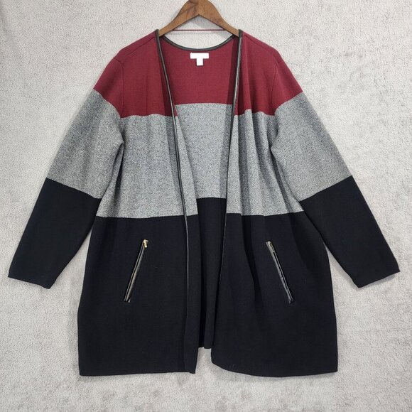 Charter Club Women Colorblock Cardigan 1X 100% Cotton  Faux Leather Trim - Picture 1 of 7